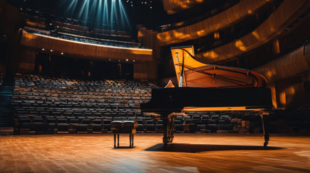 A stunning grand piano on stage set in a beautifully designed concert hall. Dramatic lighting highlights its elegance, with empty seating creating an aura of anticipation.の素材