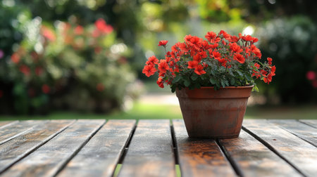 A charming arrangement of vibrant red flowers in a rustic pot sits on a wooden table, surrounded by a lush green garden, offering a serene and cheerful atmosphere.の素材