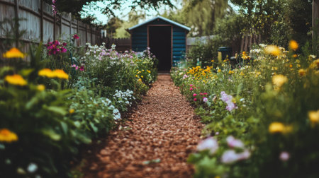 A charming garden pathway lined with vibrant flowers leads towards a rustic shed, creating a serene outdoor atmosphere perfect for relaxation.の素材
