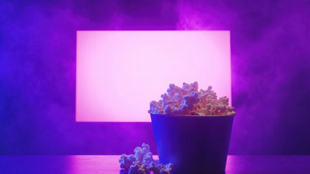 A vibrant bowl of popcorn sits in front of a bright neon screen, creating a cinematic atmosphere with colorful smoke effects. Ideal for food, entertainment, and lifestyle themes.の素材