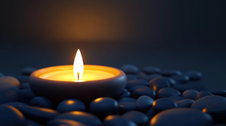 A serene candle flame sits gracefully on smooth black stones against a dark backdrop, creating a calm atmosphere ideal for relaxation, meditation, and wellness.の素材