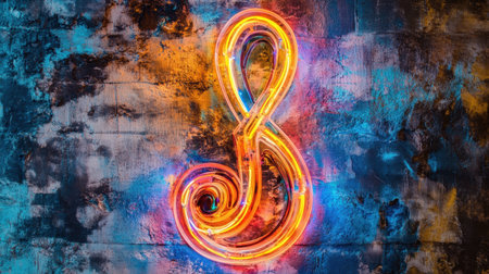 Intricate neon sign showcasing a swirling design in vibrant colors, mounted on a textured background, perfect for modern decor and artistic expression.の素材