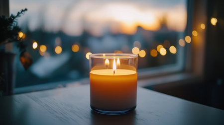 A solitary candle burns softly, casting a warm glow against the backdrop of a sunset, creating a peaceful and cozy atmosphere ideal for relaxation and meditation.の素材