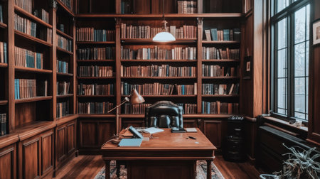 A cozy library featuring rich wooden panels, vintage books, and an elegant desk creates an inviting atmosphere for reading and studying.の素材