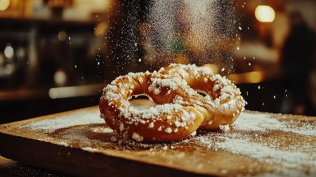 A beautifully arranged soft pretzel dusted with powdered sugar rests on a wooden board, showcasing its warm, inviting texture in a cozy cafe atmosphere.の素材