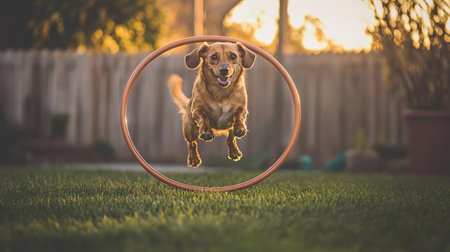 A joyful dog leaps through a hoop in a lush green yard, capturing the essence of fun and playfulness during a warm sunset. The image showcases the energy and enthusiasm of a beloved pet engaging in training or playtime.の素材