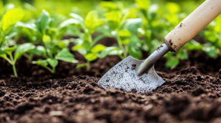 A vibrant close-up image showcases a gardening trowel digging into rich, dark soil, revealing healthy green plants thriving in the garden.の素材