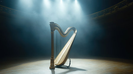 A stunning harp stands gracefully on a wooden floor, embraced by soft stage lights, creating a magical atmosphere perfect for music performances.の素材