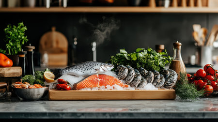 A vibrant seafood display featuring fresh salmon, oysters, and a selection of herbs and vegetables set in a modern kitchen. Perfect for culinary inspiration.の素材