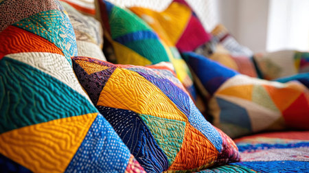 A collection of vibrant quilted cushions arranged on a cozy sofa, featuring artistic patterns and rich textures. Perfect for home decor inspiration.の素材