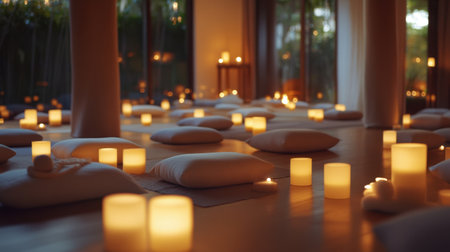 A tranquil meditation space illuminated by soft candlelight, featuring cushions and warm ambiance, perfect for relaxation and mindfulness practices.の素材