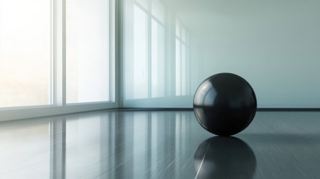 A black sphere rests on a smooth floor in a contemporary room featuring large windows, creating a serene atmosphere filled with natural light.の素材