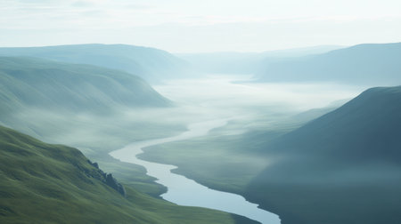 A breathtaking landscape showcasing a gentle river winding through lush hills, enveloped in a soft mist. The serene atmosphere at dawn invites exploration and tranquility.の素材