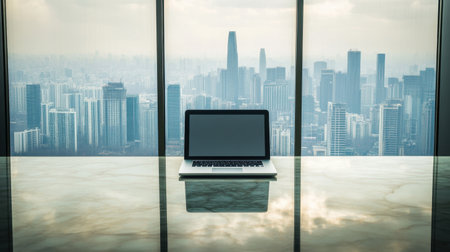 A contemporary workspace featuring a sleek laptop on a reflective table, set against a breathtaking urban skyline viewed through large glass windows.の素材