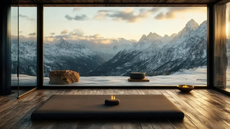 A serene mountain retreat showcasing a minimalist interior design. The expansive views reveal breathtaking snowy peaks, inviting relaxation and meditation.の素材