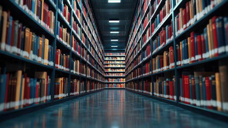 A beautifully arranged library aisle showcases rows of vibrant books on shelves, under bright lights, inviting readers into a world of knowledge and discovery.の素材