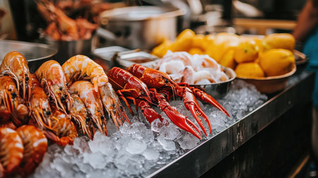 This vibrant image showcases a fresh seafood selection featuring lobsters, shrimp, and lemons beautifully arranged on ice at a bustling market stall. Perfect for food enthusiasts!の素材
