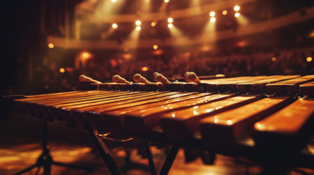 A stunning close-up of a xylophone, featuring rich wooden tones and mallets poised for action, set against a beautifully lit stage, capturing the essence of live music and performance.の素材