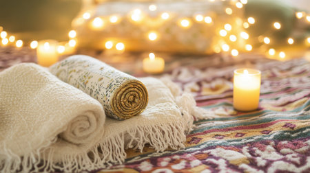 A cozy and tranquil bedroom scene featuring soft blankets and glowing candles, creating a warm ambiance perfect for relaxation and comfort.の素材