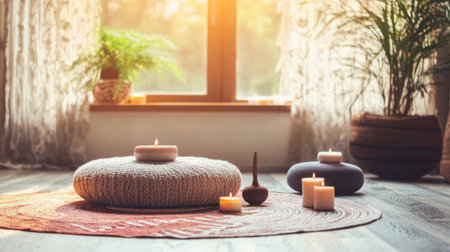 A serene meditation space featuring soft textiles, gentle candlelight, and natural sunlight. Ideal for relaxation, mindfulness, and self-care practices.の素材
