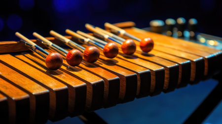 A vibrant close-up of wooden mallets arranged on a beautifully crafted xylophone, showcasing intricate details and soft lighting, ideal for music-themed projects.の素材