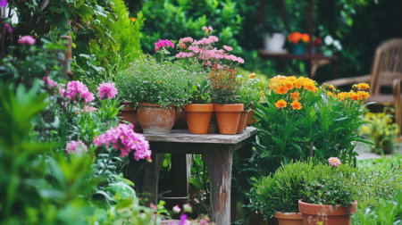A picturesque garden scene featuring an assortment of colorful flowers in pots, lush greenery, and a rustic wooden table, perfect for outdoor relaxation.の素材