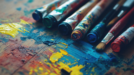 A close-up shot of vibrant art supplies including paint tubes and brushes arranged on a textured wooden workspace, showcasing a colorful array of paint streaks.の素材
