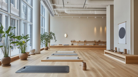A stunning modern yoga studio featuring a spacious and minimalist interior, showcasing natural light, wooden flooring, and a tranquil environment ideal for relaxation and wellness activities.の素材