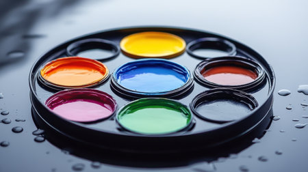 This close-up image features a vibrant palette of watercolors arranged on a dark surface. Droplets add a fresh touch, highlighting creativity in artistic expression.の素材