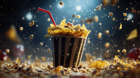 A dynamic image of crunchy tortilla chips in a striped bucket, accompanied by a drink with a straw, surrounded by scattered snack bits, creating a festive atmosphere.の素材