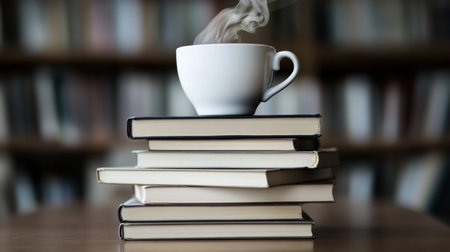 A serene moment featuring a steaming white coffee cup placed on a stack of books, adding warmth and comfort to a cozy library setting.の素材