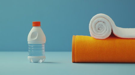 A water bottle next to a rolled towel on a blue background, perfect for promoting hydration and healthy lifestyle choices during fitness activities.の素材