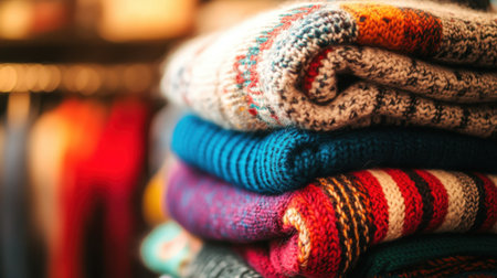 A visually appealing stack of colorful knitted sweaters, showcasing various textures and patterns, perfect for capturing the essence of cozy winter fashion.の素材