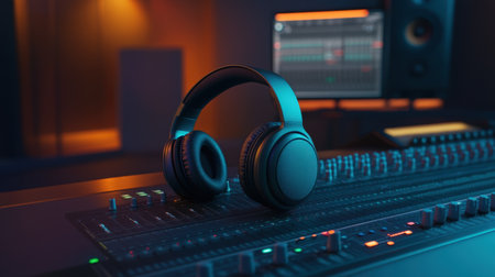 A captivating scene featuring modern headphones strategically placed on a sound mixer, emphasizing a professional music studio environment. The dim lighting enhances the ambiance, creating a perfect setting for audio creativity and production.の素材