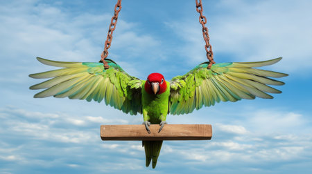 A striking parrot with vibrant green and red feathers displays its impressive wingspan while perched on a wooden plank against a serene sky.の素材
