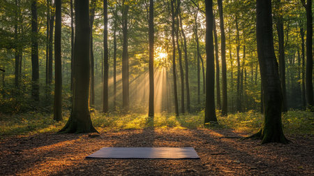 A peaceful yoga mat positioned on the forest floor, illuminated by sunbeams filtering through lush green trees, creating a tranquil atmosphere for relaxation and meditation.の素材