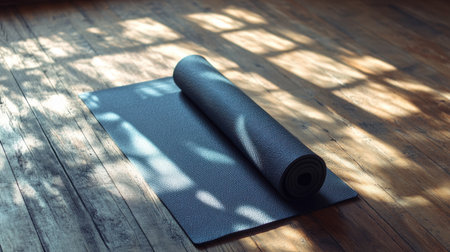 A rolled yoga mat lies on a warm wooden floor, illuminated by gentle sunlight filtering through, creating an inviting space for mindful practice and relaxation.の素材