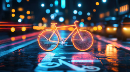A striking neon bicycle stands illuminated in an urban night setting, surrounded by dynamic blurred lights reflecting off wet pavement, creating a vibrant atmosphere.の素材