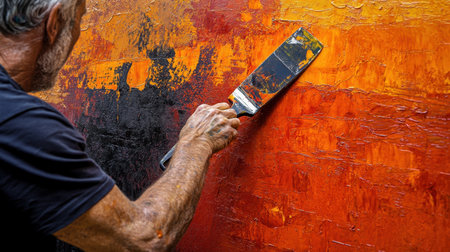 A male artist skillfully applies vibrant orange and red paint to a canvas using a palette knife, creating textured layers in an abstract art piece.の素材