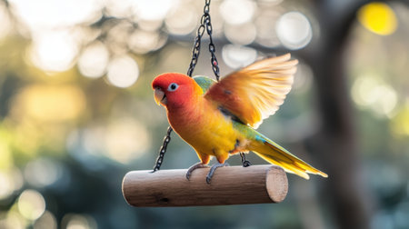 A charming lovebird with vibrant orange and green feathers perches gracefully on a wooden swing. This image captures the bird's playful essence, set against a softly blurred outdoor background that highlights its natural beauty. Perfect for wildlife and nature themes.の素材