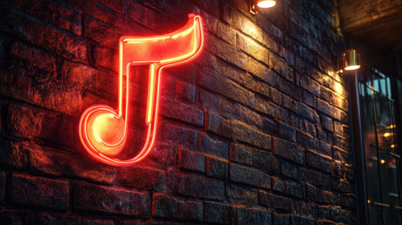 A glowing neon music note sign shines against a rugged brick wall, creating a vibrant atmosphere that enhances the urban nightlife experience.の素材