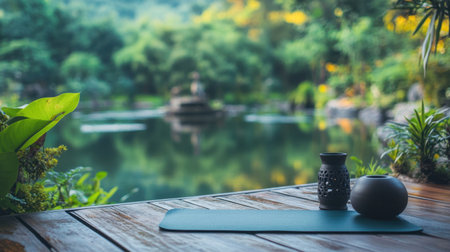 A peaceful outdoor yoga space featuring a yoga mat, decorative pots, and lush green surroundings, offering a tranquil escape in nature.の素材