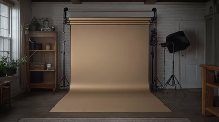 This image captures a spacious photography studio featuring a soft golden backdrop, professional lighting, and inviting design elements, creating a serene workspace for photo shoots.の素材