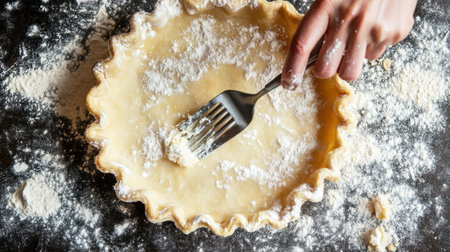 A cozy kitchen scene showing a hand using a fork to prepare a raw pie crust. Flour dust adds texture on the black surface, highlighting the baking process.の素材