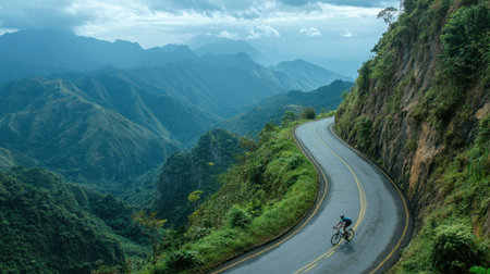 A breathtaking scene of a lone cyclist navigating a winding mountain road surrounded by lush greenery and stunning hills under a dramatic sky.の素材
