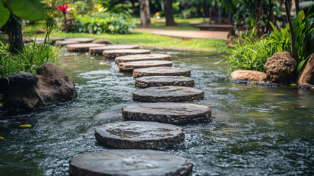 A serene garden pathway features stone stepping stones leading across calm water, surrounded by lush greenery, offering a peaceful retreat for nature lovers.の素材