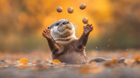 A charming otter showcases its playful spirit by juggling acorns while floating in calm water, surrounded by vibrant autumn leaves and soft bokeh lights.の素材