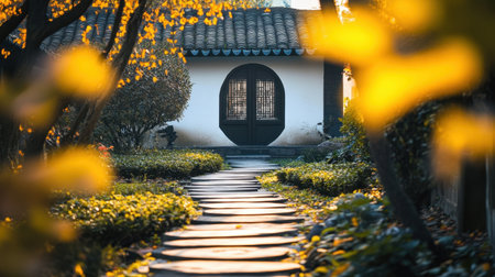 A peaceful garden pathway leads to a traditional Asian home, framed by vibrant autumn foliage. This serene outdoor scene captures the beauty of nature and architecture.の素材