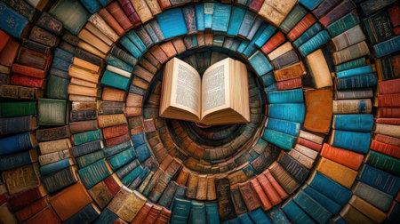 An open book rests at the center of a vibrant spiral of stacked books, showcasing a unique and artistic representation of literature and knowledge.の素材