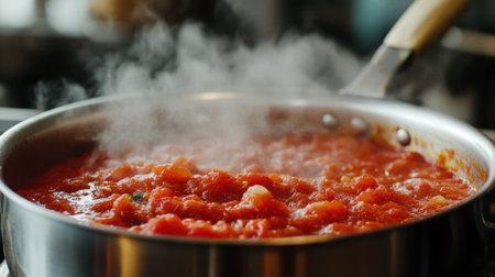 A close-up view of a delicious steaming tomato sauce simmering in a stainless steel pan on a cooking stove, evoking a warm and inviting kitchen atmosphere.の素材